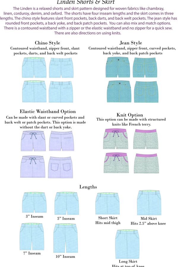 Sew a Little Seam Linden Women Shorts & Skirt PDF Sewing Pattern