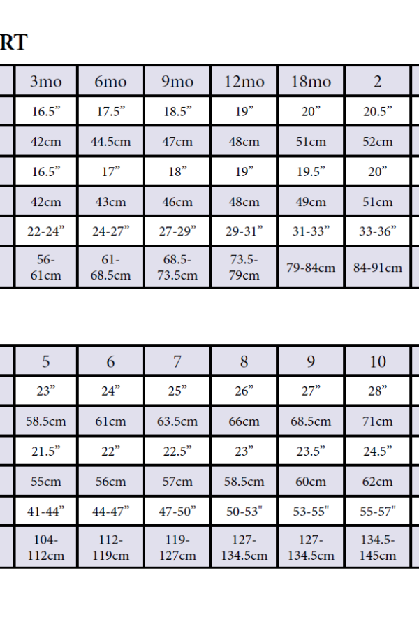3-12 size chart 3-12 size chart
